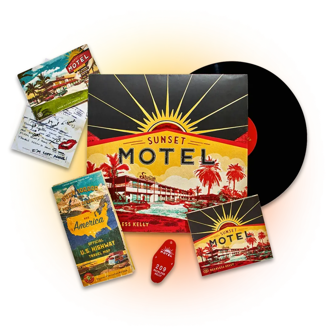 A collection of vintage-themed items arranged on a yellow and orange gradient background. The centerpiece is a vinyl LP and a record sleeve featuring the 'Sunset Motel' logo, an illustration of a motel with palm trees, and the name 'Jess Kelly.' Surrounding the record are various items: two postcards with handwritten messages, a retro travel guide titled 'See America,' an old-fashioned motel keychain labeled 'Sunset Motel Room 209,' and a CD jacket also branded with 'Sunset Motel.’
